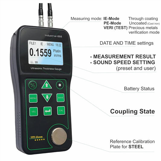 Medidor de espesor ultrasónico Industrial-888 / Modo Eco-Echo mide a través del recubrimiento de hasta 19.685 mils (500 micras) / Rango de 0.039-19.685 pulgadas (todo el material)