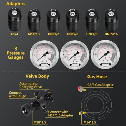 Kit de carga de acumulador de nitrógeno hidráulico con 3 medidores de prueba de presión y 7 adaptadores (M28* 1.5, UNF 5/8, UNF 1/2, etc.), kit de carga de nitrógeno métrico para acumulador GRYVOZE