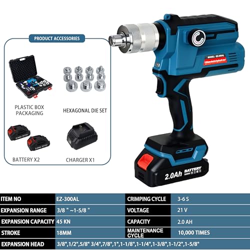 AMZCNC Kit de herramientas de estampación de expansor de tubos eléctricos con 11 cabezales expansores para herramienta de expansión de tubo de cobre HVAC de 3/8 a 1-5/8 pulgadas EZ-CT-300AL