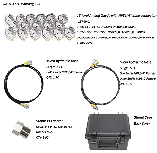 XZT Kit de manómetro analógico de presión hidráulica 17N, conjunto de manómetros de presión, manguera de prueba, con entrada de base NPT