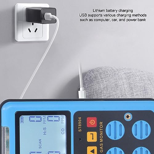 Detector de Gas, 4 en 1 CO H2S O2 LEL Monitor de Gas Medidor Analizador con 3 Modos de Alarma Alarma de Vibración de Luz de Sonido, Pantalla Retroiluminada Recargable Probador de
