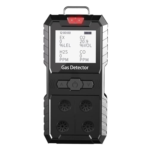 Detector de 4 gases, 4 monitores de gas portátil Detector de gas múltiple H2S, O2, CO y EX Pantalla LCD recargable Monitor H2s, sensor de calidad, medidor de gas de 13.1 ft (negro)