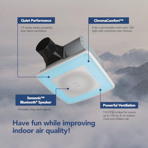 Broan-NuTone ChromaComfort SPK110RGBL - Extractor de baño con altavoz Bluetooth, potente 110CFM/1.5 Sones, luz LED de 24 colores, SPK110RGBL, interruptor de pared