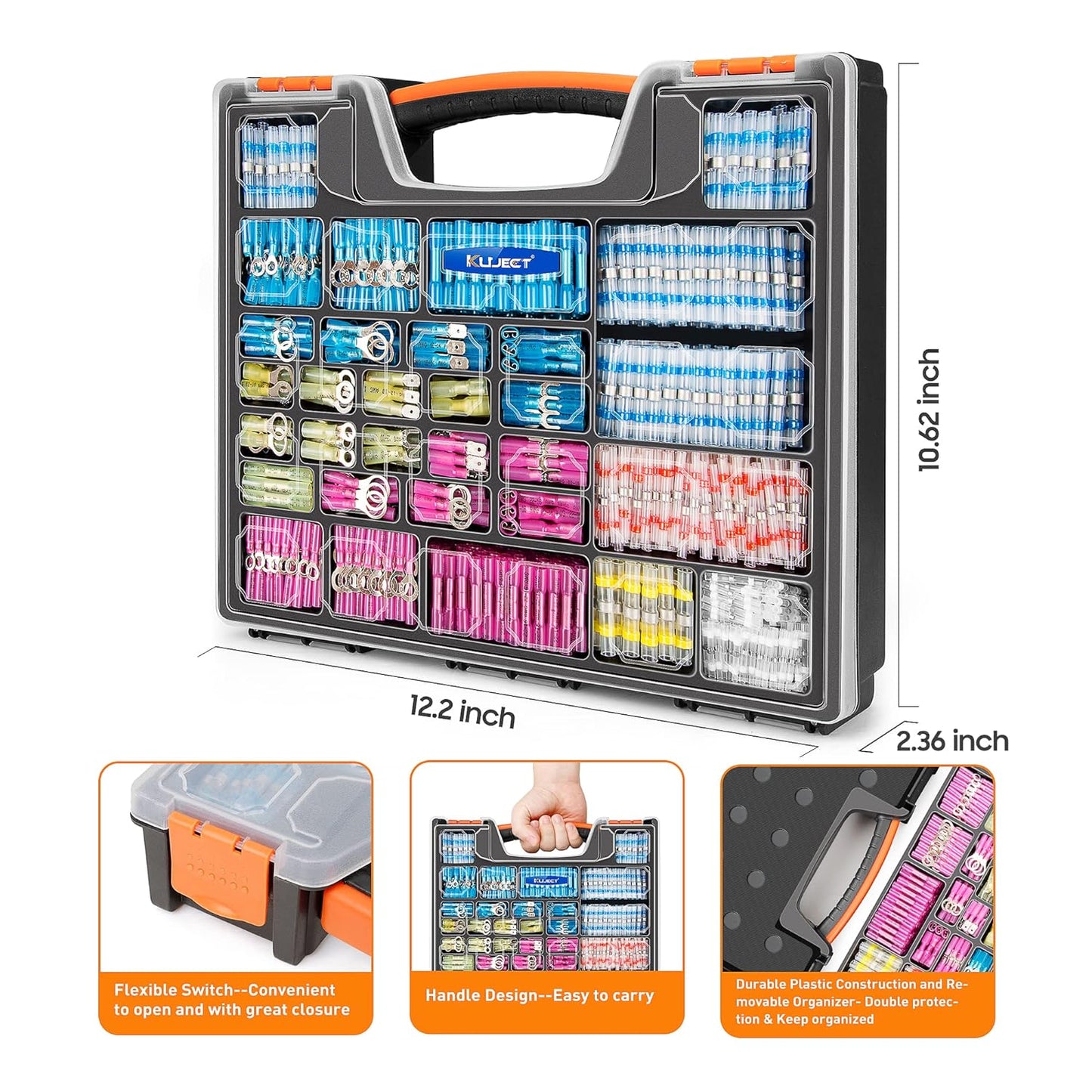 Kuject 1200 conectores de alambre termorretráctiles, kit de terminales de cable eléctrico impermeables multiusos, anillo de crimpado aislado, terminal de pala, soldadura a tope de empalme para barco,