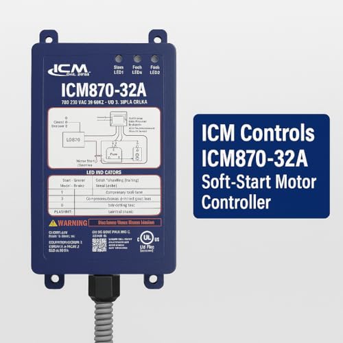 Aire acondicionado Soft Start ICM Controls 870-32A arranque suave, condensador de arranque integrado, monitoreo de sobre/bajo voltaje, protección contra sobrecorriente, arranque de motor de A/C. Fabricado en Estados Unidos. Listado UL.
