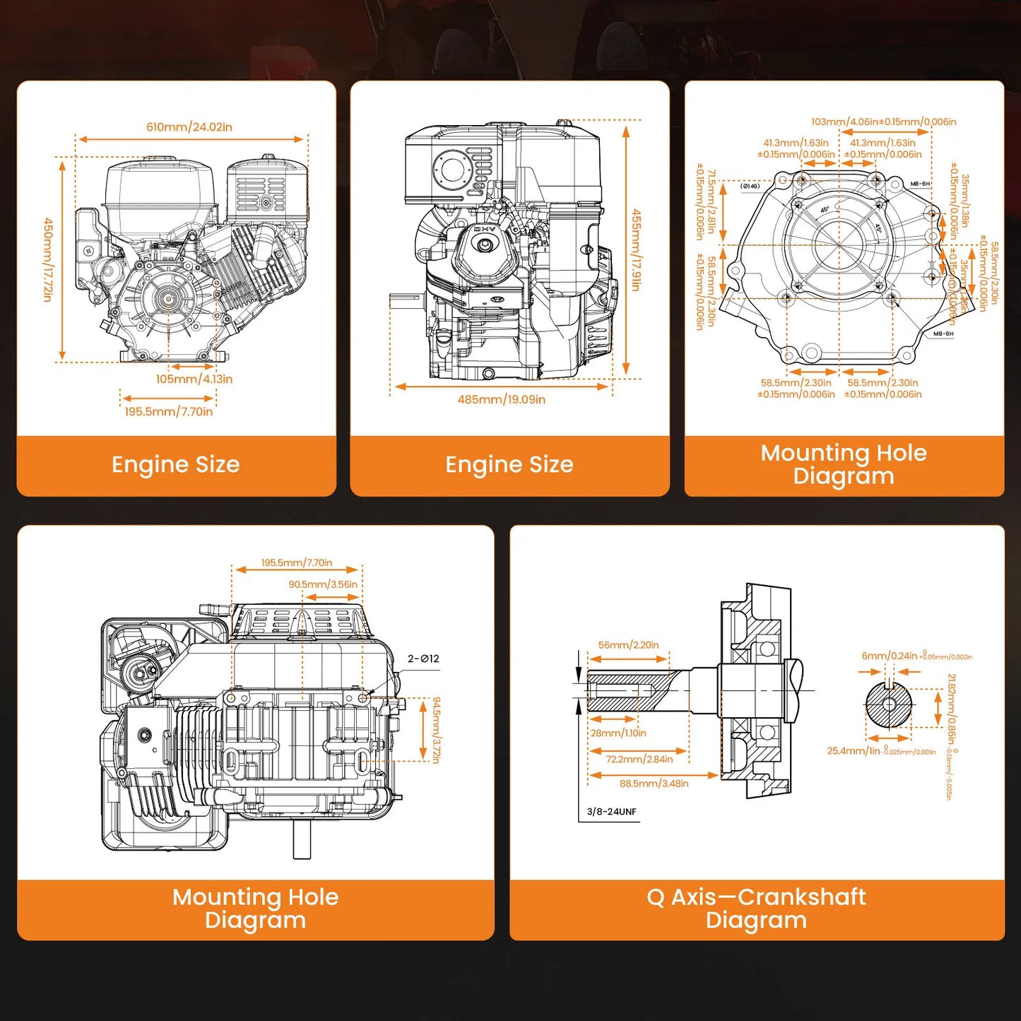 Motor horizontal de gasolina de 4 tiempos y 15 HP y 420 cc con arranque eléctrico para karts 8M0N2B