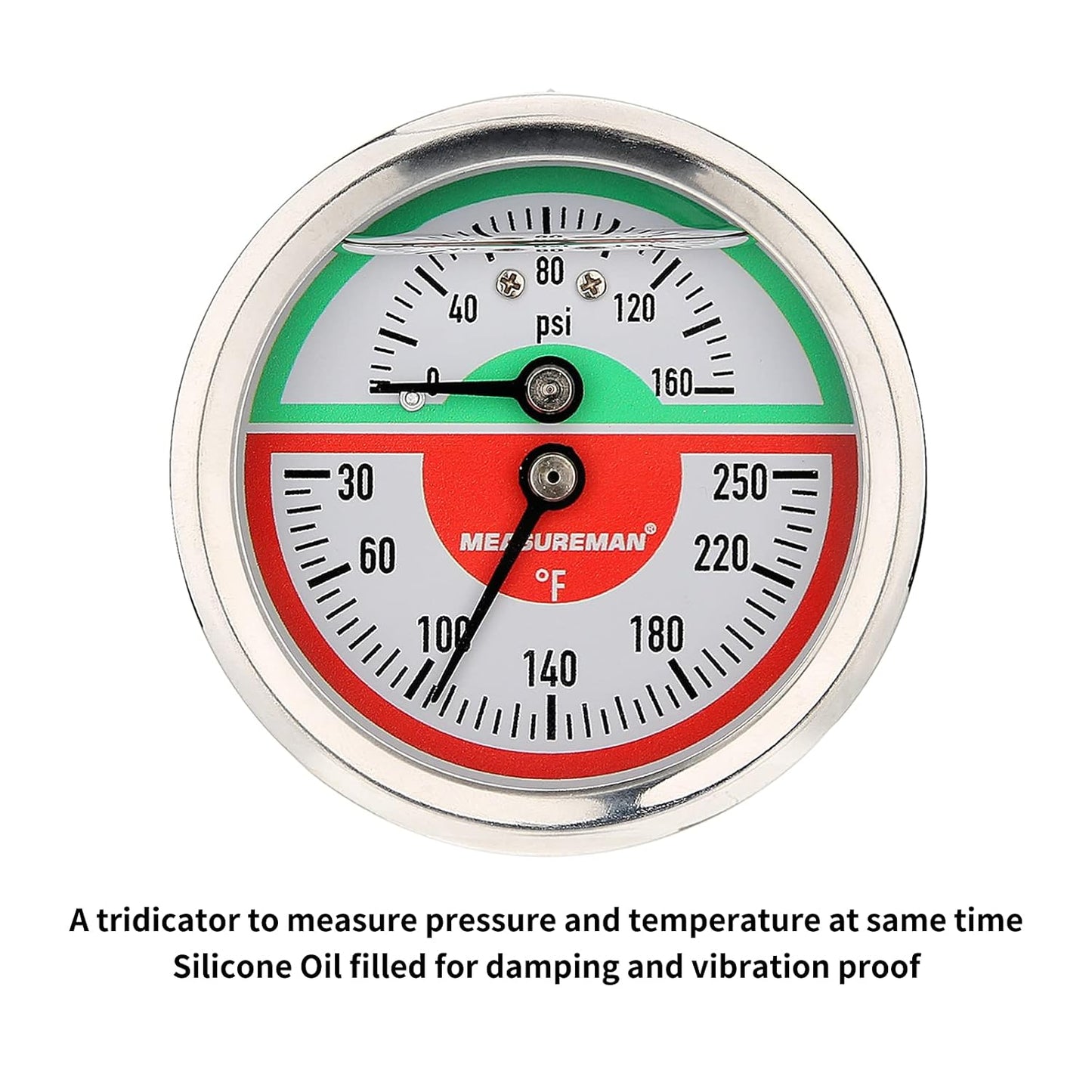 Measureman Tridicador, termo-manómetro, 2-1/2 pulgadas, relleno de aceite de silicona, 0-160 psi/30-250 grados F, caja de acero inoxidable, medidor de presión de montaje inferior NPT de 1/4 pulgadas