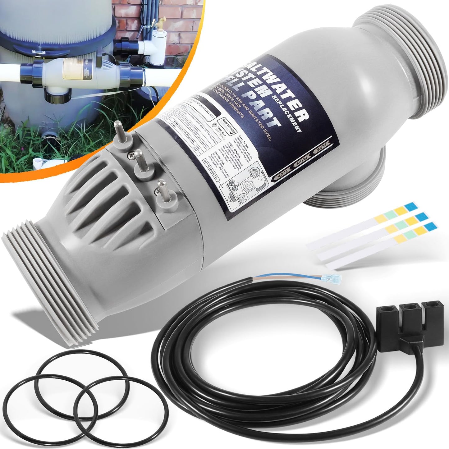 R0452400 PLC1400 Kit de celdas de sal de 3 puertos de repuesto para Zodiac Jandy AquaPure 1400 PureLink APURE1400 Sistema de purificación de agua con cable de alimentación CC de 16 pies R0402800 y 3