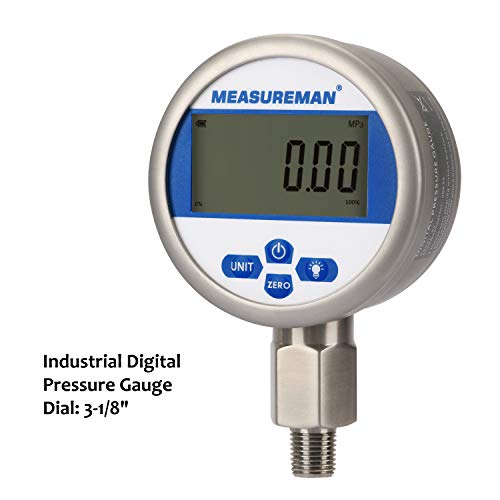MEASUREMAN Esfera de 3-1/8 pulgadas, medidor de presión digital hidráulico de precisión industrial con montaje inferior NPT de 1/4 pulgadas, carcasa y conexión de acero inoxidable, 0-3000 psi/bar, 0.4%, funciona con pilas, con luz LED