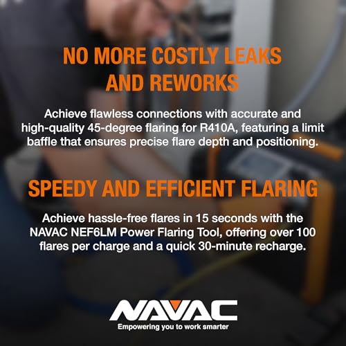 NAVAC NEF6LM Herramienta de abocinación eléctrica BreakFree, herramienta de llamarada para tubería de cobre, diámetro exterior máximo de 3/4 pulgadas, troqueles y medidor de llamarada, batería de