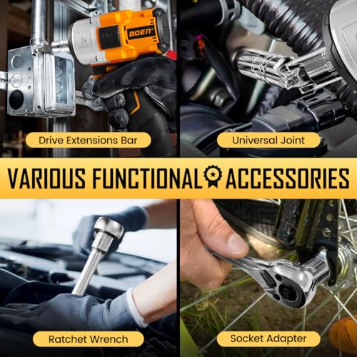 BOEN Juego de 225 herramientas mecánicas, juego de llaves de vaso de 1/4 pulgadas y 3/8 pulgadas y 1/2 pulgadas, juego de llaves métricas y estándar, con trinquete de 90 dientes, reparación de