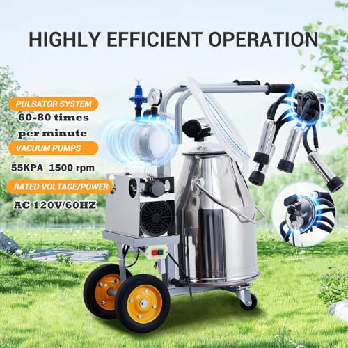 Máquina de ordeño de vaca de 25L/6.6 galones, máquina de ordeñar eléctrica con cubo de acero inoxidable 304, ordeñador al vacío de pulsación automática con tazas y tubos de silicona, para