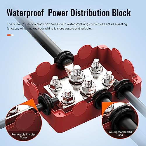 Joinfworld Bloque de distribución de energía impermeable de barra de bus de 500 A resistente al agua con 4* 5/16 "(M8)+2* 3/8 "(M10) Studs 48V DC Bloque de distribución de terminales de batería marina