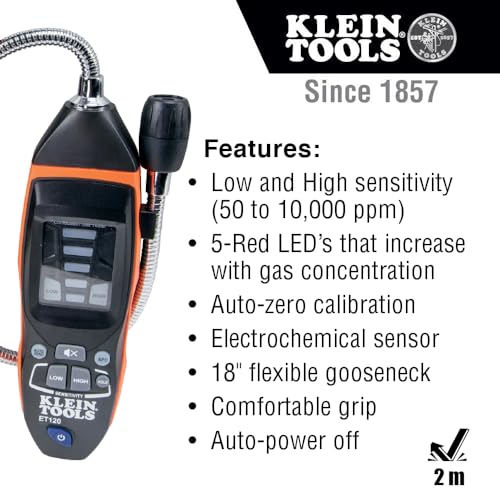Klein Tools Detector de fugas de gas ET120, probador de fugas de gas combustible con cuello de cisne de 18 pulgadas tiene un rango de 50 a 10,000 ppm, incluye bolsa, baterías