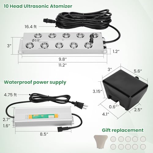 Máquina ultrasónica de niebla de 10 cabezales, añade cabezales atomizadores de repuesto, 350 W a prueba de agua, humidificador ultrasónico de niebla con flotador, para preservación de