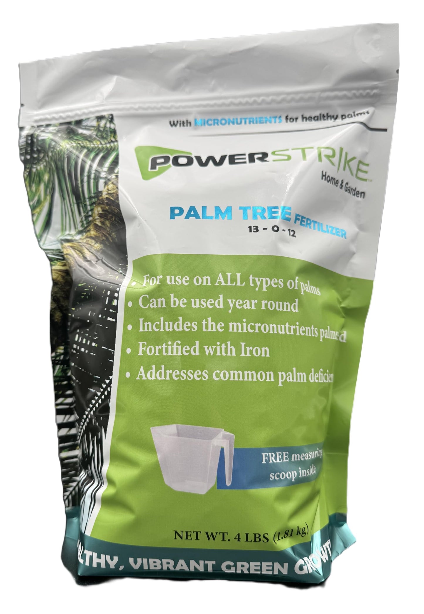 Fertilizante de palmera Power Strike (4 libras) con cuchara de medición gratuita. Fortificado con hierro (Fe). Formulado para abordar las deficiencias comunes de la palma. Incluye micronutrientes 93330