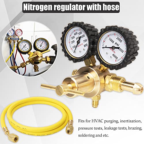 Regulador de nitrógeno HVAC con manguera de 60 pulgadas, regulador de nitrógeno 0-800 PSI de presión de salida, presión de entrada de 0-4000 PSI, conexión de entrada CGA580, conexión de salida macho