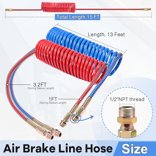 ZIQUN Conjunto de bobina de manguera de freno de aire, juego de mangueras de bobina de freno de aire de camión de 15 pies para semircamiones, tractores remolques, accesorios NPT DOT de 1/2 pulgada (15 pies de longitud x 40 pulgadas)