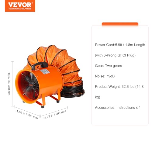 VEVOR Ventilador portátil con manguera, 2 velocidades, ventilador de escape de 10 pulgadas con conducto flexible de 33 pies, motor de aire industrial de alta velocidad de 350 W 1948CFM para extracción