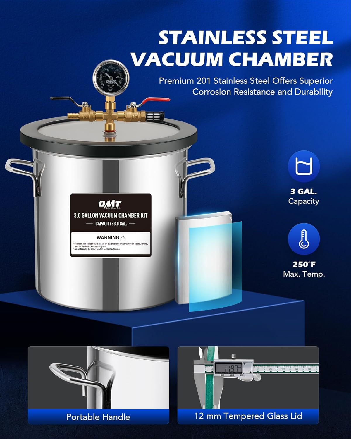 Orion Motor Tech Cámara de vacío de 3 galones con kit de bomba, bomba de vacío de 3.5 cfm y kit de cámara con tapa de vidrio templado manguera de 5 pies, kit de cámara de desgasificación al vacío para