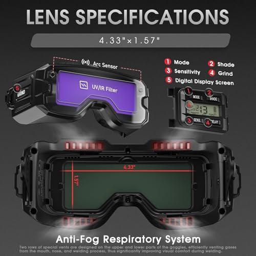 YESWELDER Kit de gafas de soldadura de oscurecimiento automático con máscara, iluminación LED, 2 sensores de arco de color verdadero, sombra ancha 3/5-9/9-13, gafas de soldadura para casco de
