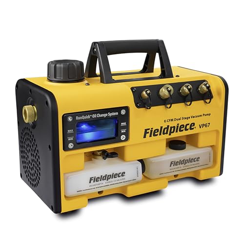 Fieldpiece Bomba de vacío VP67 – 6 CFM, motor CC de 1/2 HP, sistema de cambio de aceite RunQuick – Portátil – Herramienta profesional HVAC – Compatible con A2L
