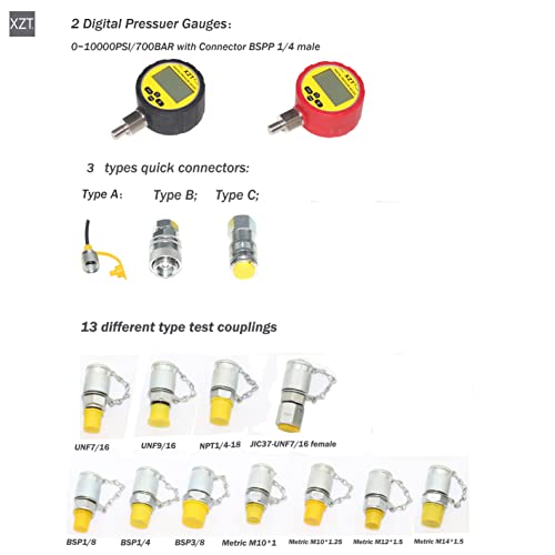 XZT Kit de acoplamiento de prueba de presión hidráulica digital de 70 K, medidor de presión, manguera de prueba, punto de prueba para reparación de maquinaria de construcción de excavadoras