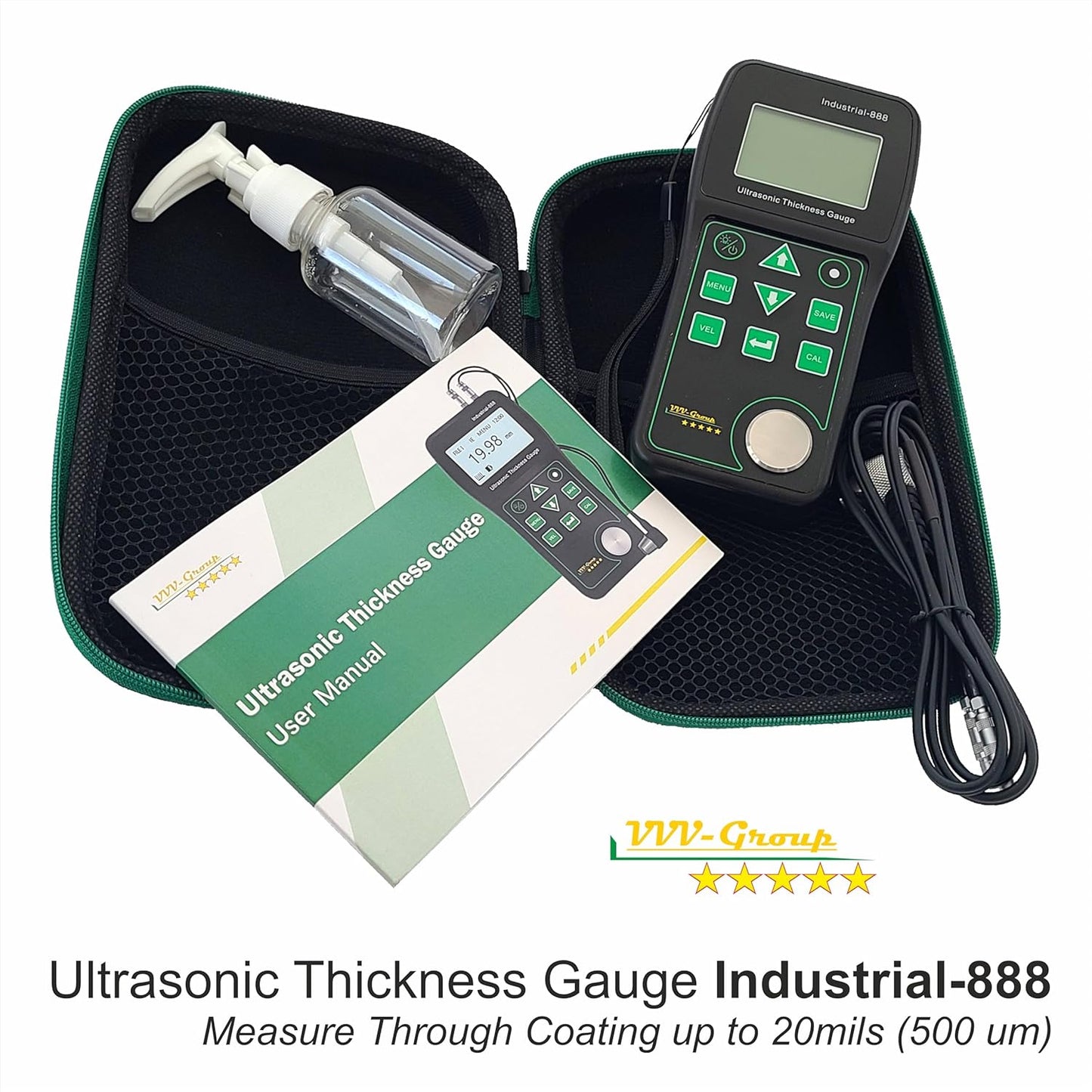 Medidor de espesor ultrasónico Industrial-888 / Modo Eco-Echo mide a través del recubrimiento de hasta 19.685 mils (500 micras) / Rango de 0.039-19.685 pulgadas (todo el material)