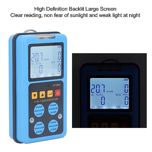 Detector de Gas, 4 en 1 CO H2S O2 LEL Monitor de Gas Medidor Analizador con 3 Modos de Alarma Alarma de Vibración de Luz de Sonido, Pantalla Retroiluminada Recargable Probador de