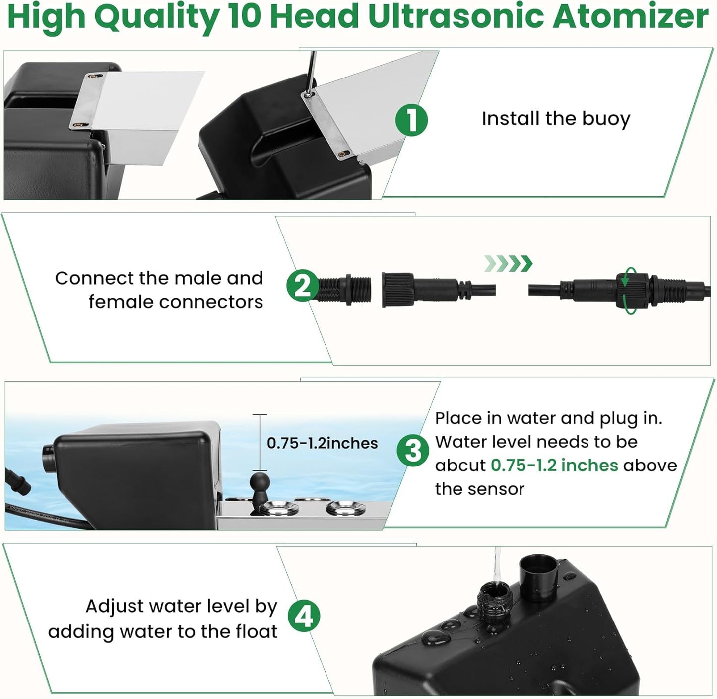 Máquina ultrasónica de niebla de 10 cabezales, añade cabezales atomizadores de repuesto, 350 W a prueba de agua, humidificador ultrasónico de niebla con flotador, para preservación de