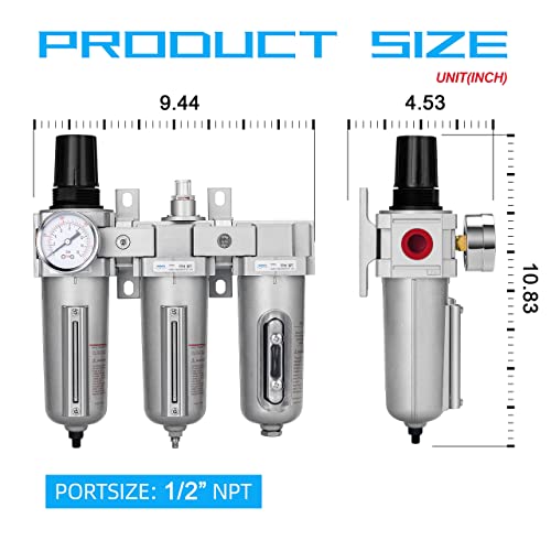 NANPU Sistema de secado de aire NPT de grado industrial de 3 etapas, filtro de partículas, filtro coalescente, secador desecante y regulador de aire, cuenco de metal, drenaje automático, apto para spray de pintura y cortador de plasma FRPD44-D