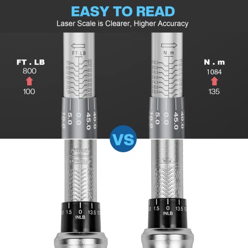 Leolee Llave dinamométrica 3/4, (100-800ft-lbs/135-1084NM), 47.24 pulgadas (47.2 in), llave dinamométrica ajustable con ±3% de precisión y rosca LH/RH, herramientas mecánicas de precisión para