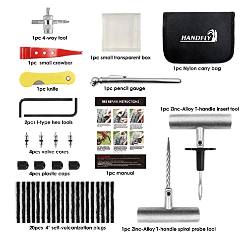 Handfly - Kit de reparación de neumáticos de alta resistencia, kit de 39 tapones de neumáticos para coche, motocicleta, camión, tractor, remolque, RV, ATV, ARB, SUV