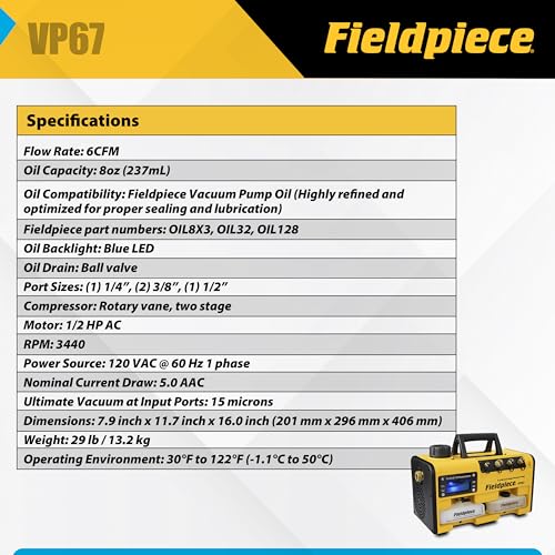 Fieldpiece Bomba de vacío VP67 – 6 CFM, motor CC de 1/2 HP, sistema de cambio de aceite RunQuick – Portátil – Herramienta profesional HVAC – Compatible con A2L