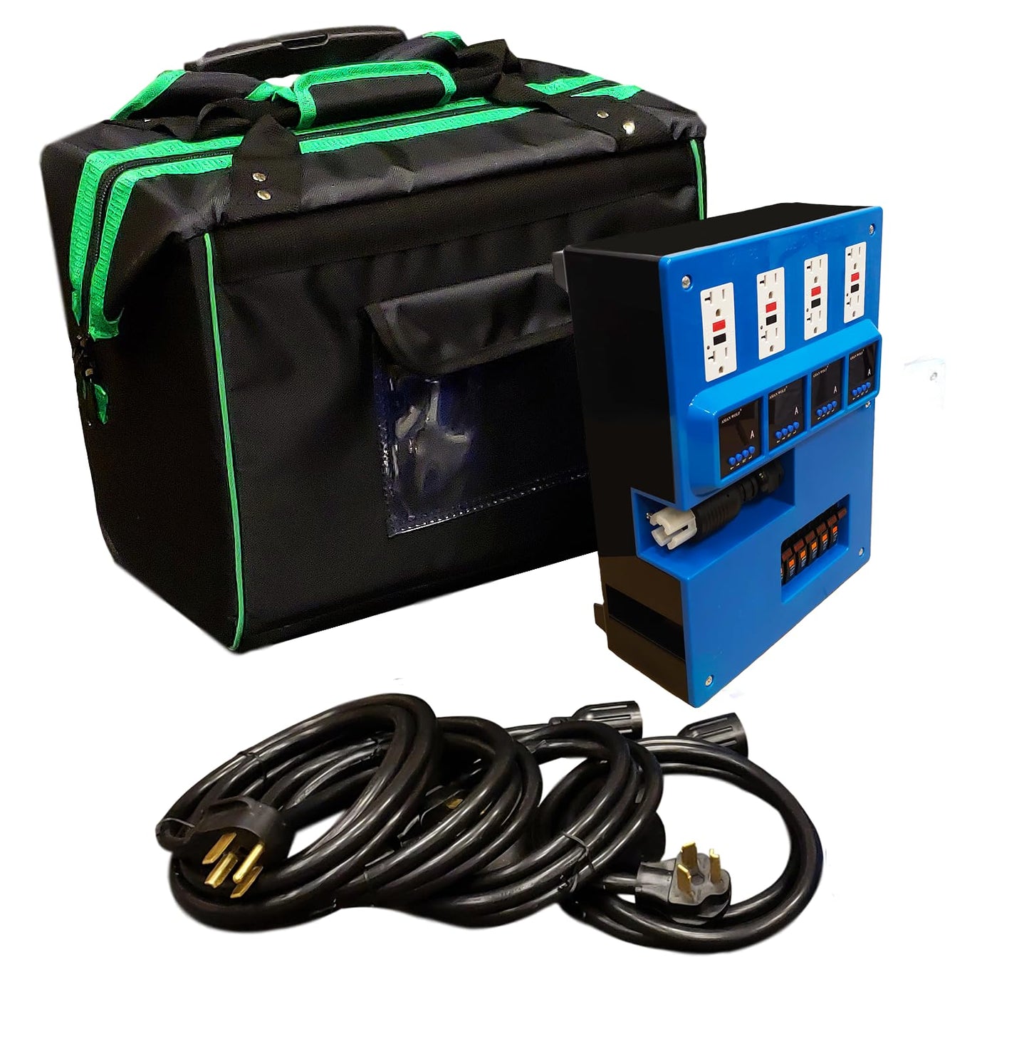 El kit de distribución de energía Turtle convierte 30 amperios de 240 V a 60 amperios a 120 V, 4 x GFCI dual, interruptores individuales de 15 amperios