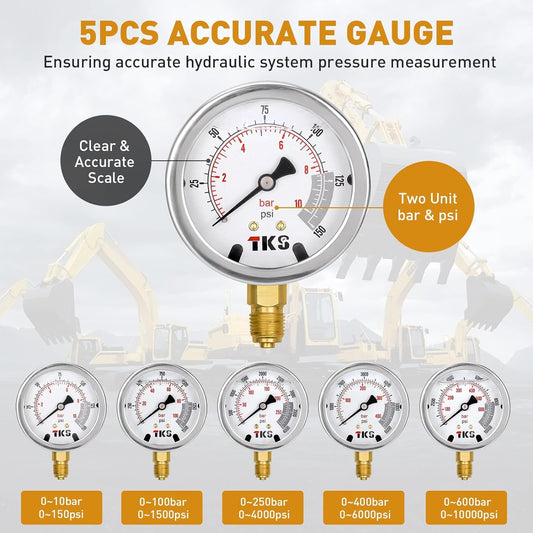 Kit de prueba de presión hidráulica, 600 bares/10000 psi/60 MPa, 5 calibradores, 13 acoplamientos de prueba, 14 conectores en T, 5 mangueras de prueba, kit de medidor de prueba hidráulica para