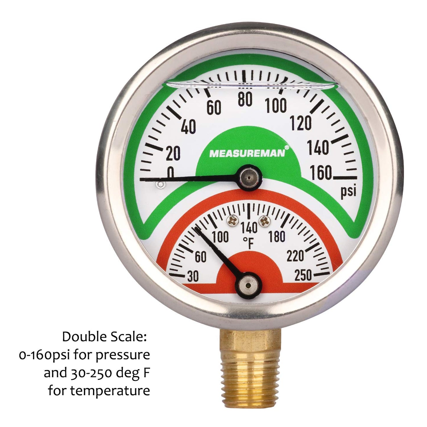 Measureman Tridicador, termo-manómetro, 2-1/2 pulgadas, relleno de aceite de silicona, 0-160 psi/30-250 grados F, caja de acero inoxidable, medidor de presión de montaje inferior NPT de 1/4 pulgadas