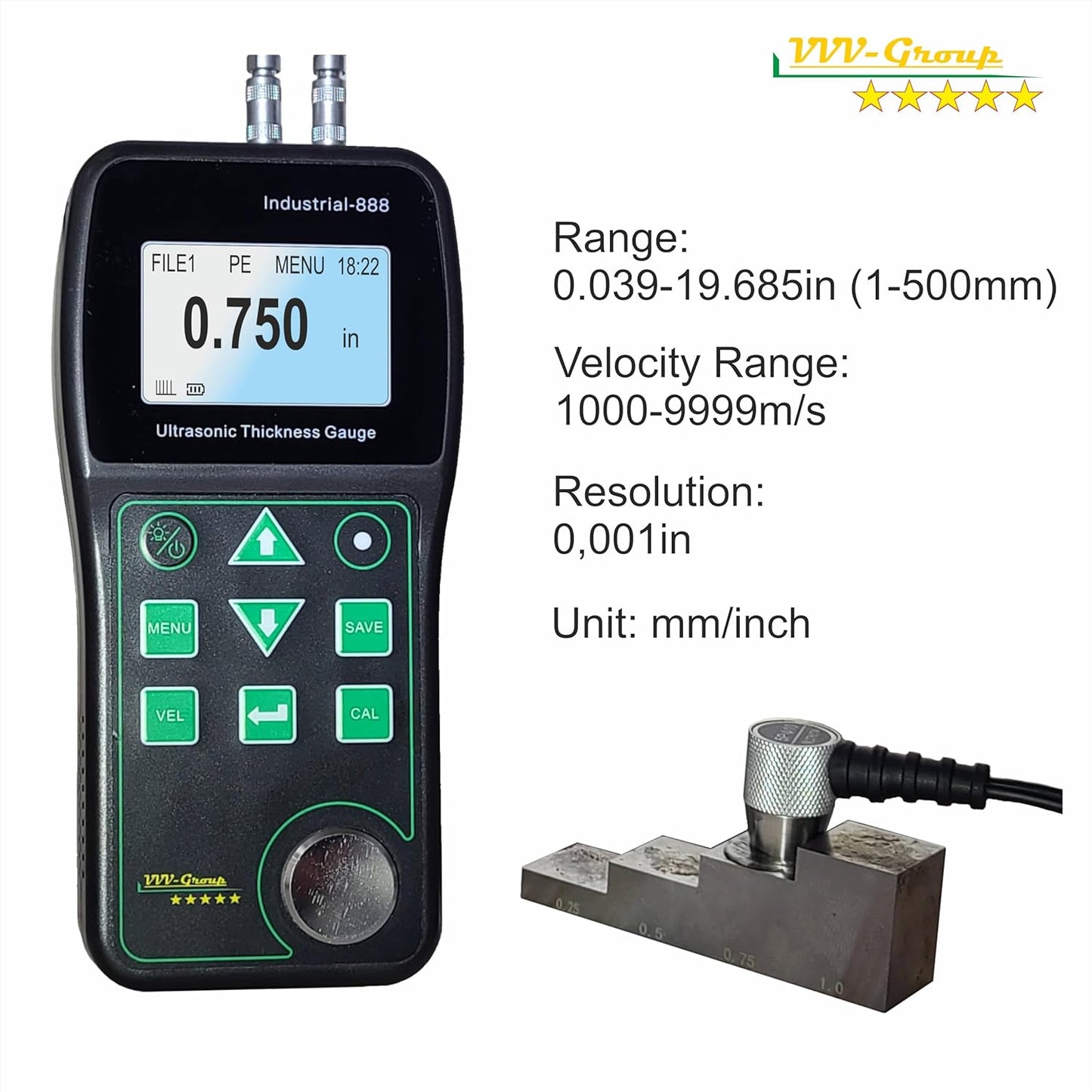 Medidor de espesor ultrasónico Industrial-888 / Modo Eco-Echo mide a través del recubrimiento de hasta 19.685 mils (500 micras) / Rango de 0.039-19.685 pulgadas (todo el material)