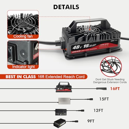 Cargador de carrito de golf de 15 amperios para EZGO y TXT de 48 voltios con enchufe Delta-Q de 3 pines