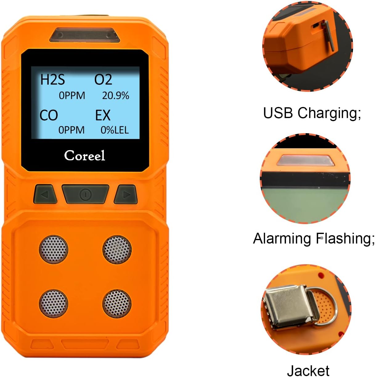 Coreel 4 Monitor de gas, portátil CO, H2S, O2, EX, medidor detector de gas, listo para usar (naranja)