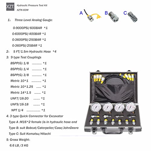 XZT Juego de manómetros de presión hidráulicos de 60 m, manguera de prueba, kit de acoplamiento de prueba de presión hidráulica, herramientas de reparación hidráulica para EE.UU., maquinaria de construcción de excavadoras de marca europea