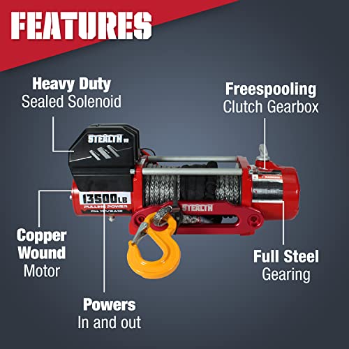 Stealth Winches Cabrestante de camión de 13500 libras, cabrestante eléctrico de 12 voltios con 2 controles remotos inalámbricos y cuerda sintética, 4 x 4, perfecto para cabrestante de remolque 13V2A12-CAD