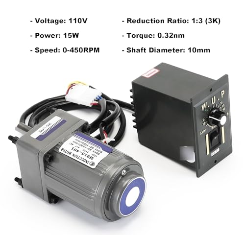 Motor de CA de 110 V + driver de velocidad + caja de engranajes, motor eléctrico monofásico de 15 W con caja de cambios, motor de velocidad variable de 0-450 RPM, motor de engranaje reversible con