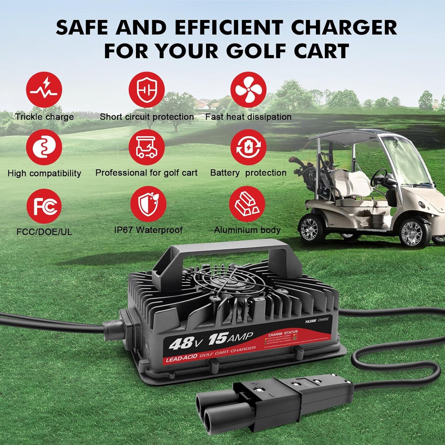 Cargador de carrito de golf de 15 amperios para EZGO y TXT de 48 voltios con enchufe Delta-Q de 3 pines
