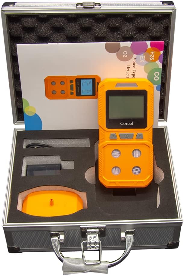 Coreel 4 Monitor de gas, portátil CO, H2S, O2, EX, medidor detector de gas, listo para usar (naranja)