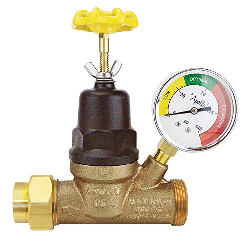 Apollo Regulador de presión de agua roscado de doble unión de bronce de 3/4 "con manómetro