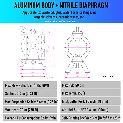 Bomba neumática de doble diafragma Entrada/salida de 1-1/2 pulgada 90 gpm Bomba de suministro de fluido de aluminio para aceite residual químico e industrial combustible de hasta 120 psi de aleación QBY4