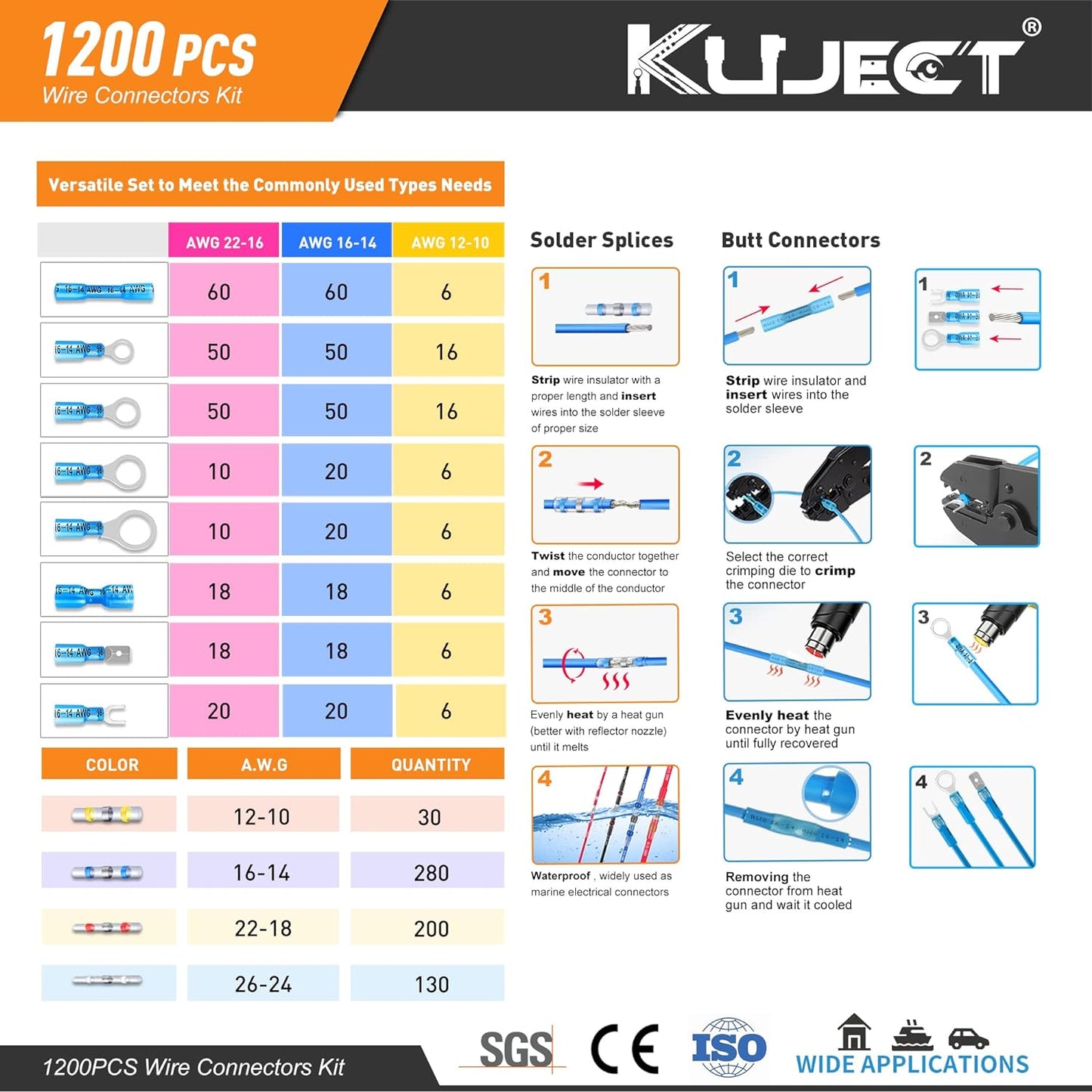 Kuject 1200 conectores de alambre termorretráctiles, kit de terminales de cable eléctrico impermeables multiusos, anillo de crimpado aislado, terminal de pala, soldadura a tope de empalme para barco,