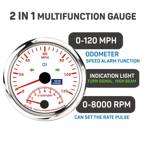 Juego de instrumentos marinos de calibre 5, luz indicadora blanca, 3-3/8 pulgadas, velocímetro GPS, tacómetro de 120 MPH, tacómetro de 8000 rpm, 2-1/16 pulgadas, medidor de combustible,
