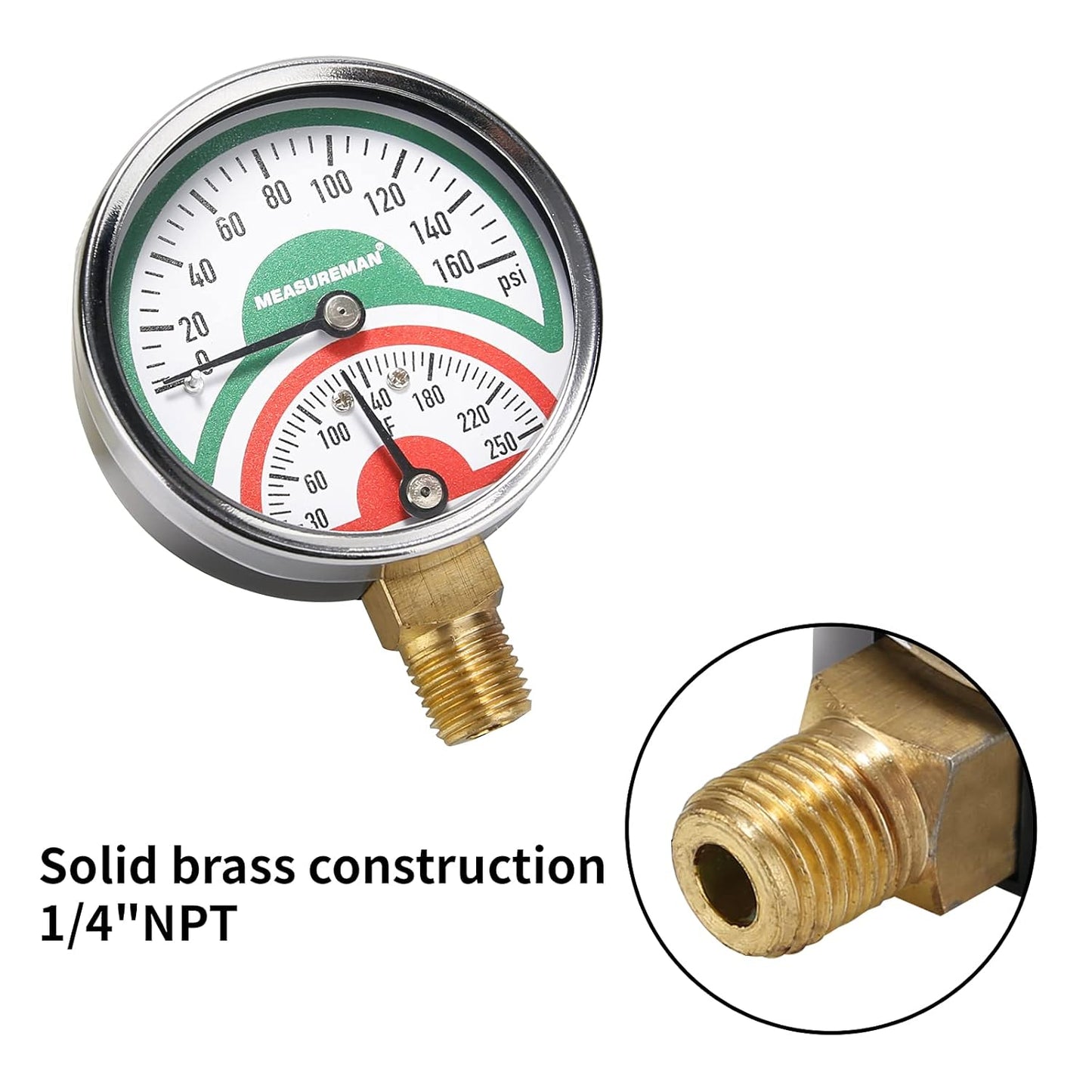 Measureman Tridicador, termo-manómetro, 2-1/2 pulgadas, relleno de aceite de silicona, 0-160 psi/30-250 grados F, caja de acero inoxidable, medidor de presión de montaje inferior NPT de 1/4 pulgadas